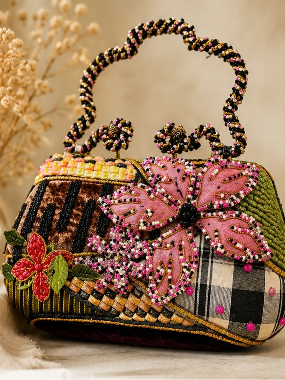 Vintage Mary Frances Mini Beaded Floral Plaid Structured Art to Wear Handbag